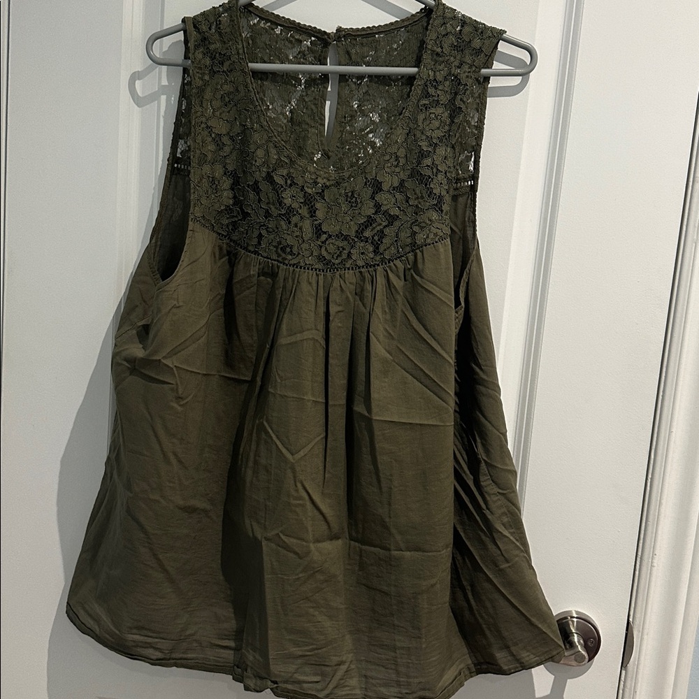 Olive Green Lace Inset Cotton Tank Top